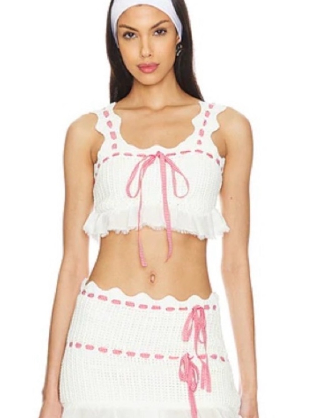 For Love and Lemons Sora Crochet Skirt Set with Red and White Gingham Ribbon